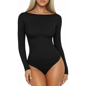 image:imageMANGOPOP Womens Boat Neck Long Sleeve Bodysuit Basic Thong Body Suit Fall Going Out Tops 202501 Black
