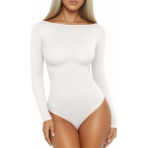 image:imageMANGOPOP Womens Boat Neck Long Sleeve Bodysuit Basic Thong Body Suit Fall Going Out Tops 202502 White