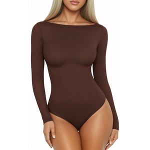 image:imageMANGOPOP Womens Boat Neck Long Sleeve Bodysuit Basic Thong Body Suit Fall Going Out Tops 2025Coffee