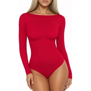 image:imageMANGOPOP Womens Boat Neck Long Sleeve Bodysuit Basic Thong Body Suit Fall Going Out Tops 2025Red