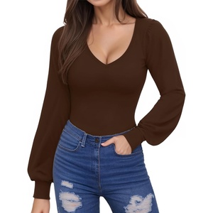 image:imageMANGOPOP Womens Bodysuit Long Sleeve V Neck Body Suit for Women Puff Sleeve Ribbed Bodysuits ShirtsCoffee