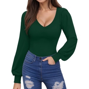 image:imageMANGOPOP Womens Bodysuit Long Sleeve V Neck Body Suit for Women Puff Sleeve Ribbed Bodysuits ShirtsDeep Green
