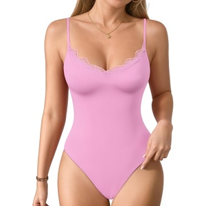 image:imageMANGOPOP Womens Cami Thong Bodysuit Double Lined Plunge Deep V Neck Backless Body Suit Adjustable Spaghetti Strap Tank TopsLace Pink