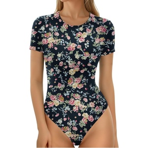 image:imageMANGOPOP Womens Crew Neck Short Sleeve Bodysuit Long Sleeve Body Suit T Shirts Basic Slim Fitted TopsD Short Sleeves Flowers
