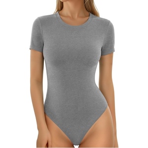 image:imageMANGOPOP Womens Crew Neck Short Sleeve Bodysuit Long Sleeve Body Suit T Shirts Basic Slim Fitted TopsD Short Sleeves Light Grey