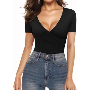 image:imageMANGOPOP Womens Cross Wrap Ruched Plunge Sexy Deep V Neck Slim Fit Short Sleeve T Shirt Tunic Tops Tee01 Black