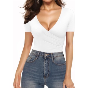 image:imageMANGOPOP Womens Cross Wrap Ruched Plunge Sexy Deep V Neck Slim Fit Short Sleeve T Shirt Tunic Tops Tee02 White