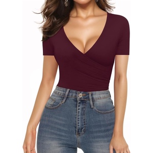 image:imageMANGOPOP Womens Cross Wrap Ruched Plunge Sexy Deep V Neck Slim Fit Short Sleeve T Shirt Tunic Tops TeeBurgundy