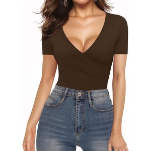 image:imageMANGOPOP Womens Cross Wrap Ruched Plunge Sexy Deep V Neck Slim Fit Short Sleeve T Shirt Tunic Tops TeeCoffee