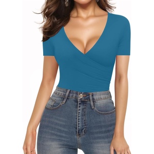 image:imageMANGOPOP Womens Cross Wrap Ruched Plunge Sexy Deep V Neck Slim Fit Short Sleeve T Shirt Tunic Tops TeeDeep Blue