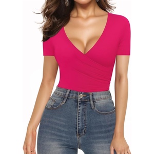 image:imageMANGOPOP Womens Cross Wrap Ruched Plunge Sexy Deep V Neck Slim Fit Short Sleeve T Shirt Tunic Tops TeePink