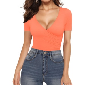 image:imageMANGOPOP Womens Cross Wrap Ruched Plunge Sexy Deep V Neck Slim Fit Short Sleeve T Shirt Tunic Tops TeePink Orange