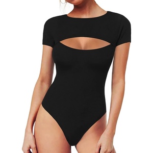 image:imageMANGOPOP Womens Cutout Front Long Sleeve Short Sleeve Bodysuit Round Neck Body Suits Sexy Going Out Fall TopsA Short Sleeve Black