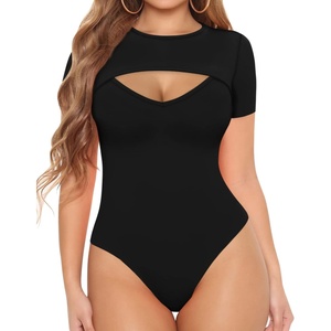 image:imageMANGOPOP Womens Cutout Front Long Sleeve Short Sleeve Bodysuit Round Neck Body Suits Sexy Going Out Fall TopsB Short Sleeve Black