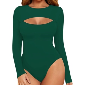 image:imageMANGOPOP Womens Cutout Front Long Sleeve Short Sleeve Bodysuit Round Neck Body Suits Sexy Going Out Fall TopsLong Sleeve Deep Green