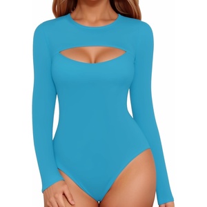 image:imageMANGOPOP Womens Cutout Front Long Sleeve Short Sleeve Bodysuit Round Neck Body Suits Sexy Going Out Fall TopsLong Sleeve Lake