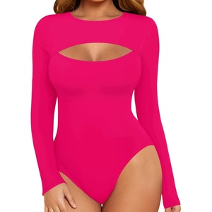 image:imageMANGOPOP Womens Cutout Front Long Sleeve Short Sleeve Bodysuit Round Neck Body Suits Sexy Going Out Fall TopsLong Sleeve Rose Pink