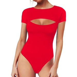 image:imageMANGOPOP Womens Cutout Front Long Sleeve Short Sleeve Bodysuit Round Neck Body Suits Sexy Going Out Fall TopsShort Sleeve Red