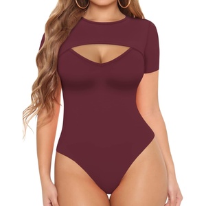 image:imageMANGOPOP Womens Cutout Front Long Sleeve Short Sleeve Bodysuit Round Neck Body Suits Sexy Going Out Fall TopsShort Sleeve Y Burgundy