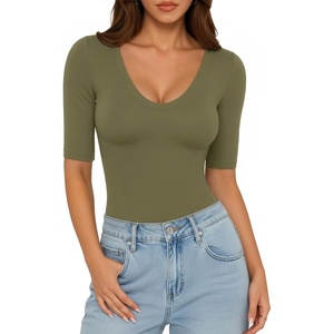 image:imageMANGOPOP Womens Half Sleeve Scoop Neck Top Mid Elbow 34 Sleeve T Shirts Going Out Casual Trendy 2026Army Green
