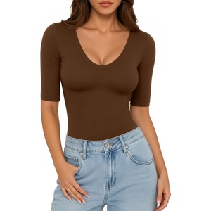 image:imageMANGOPOP Womens Half Sleeve Scoop Neck Top Mid Elbow 34 Sleeve T Shirts Going Out Casual Trendy 2026Coffee