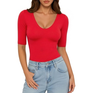 image:imageMANGOPOP Womens Half Sleeve Scoop Neck Top Mid Elbow 34 Sleeve T Shirts Going Out Casual Trendy 2026Red