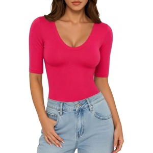 image:imageMANGOPOP Womens Half Sleeve Scoop Neck Top Mid Elbow 34 Sleeve T Shirts Going Out Casual Trendy 2026Rose Pink