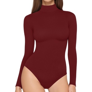 image:imageMANGOPOP Womens Long Sleeve Thermal Fleece Bodysuit Mock Turtle Neck Body Suit Slim Warm Base Layer Tops Fall Outfits 2025Burgundy