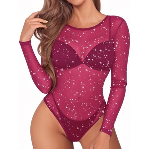 image:imageMANGOPOP Womens Mesh Bodysuit Sheer Geo Print Short Sleeve Long Sleeve Body Suit Sexy See Through Shirt TopsA03 Long Sleeve Round Ncek Glitter Rose Pink