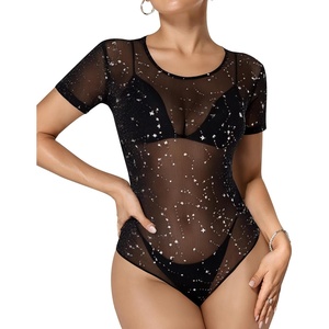 image:imageMANGOPOP Womens Mesh Bodysuit Sheer Geo Print Short Sleeve Long Sleeve Body Suit Sexy See Through Shirt TopsC02 Short Sleeve Glitter Black