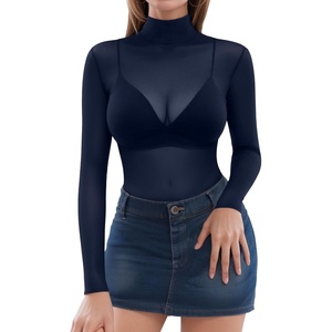 image:imageMANGOPOP Womens Mesh Top Long Sleeve See Through Mock Neck Blouse Sheer Sexy T Shirts Clubwear BodyconDeep Blue