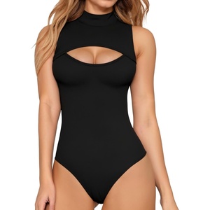 image:imageMANGOPOP Womens Mock Neck Cutout Front Bodysuit Long Sleeve Sleeveless Turtle Neck Body Suits Sexy Tops01 Black Sleeveless