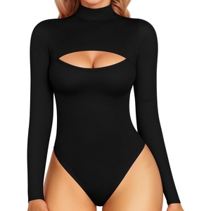 image:imageMANGOPOP Womens Mock Neck Cutout Front Bodysuit Long Sleeve Sleeveless Turtle Neck Body Suits Sexy Tops02 Black Long Sleeve