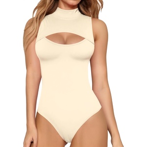 image:imageMANGOPOP Womens Mock Neck Cutout Front Bodysuit Long Sleeve Sleeveless Turtle Neck Body Suits Sexy Tops04 Beige Sleeveless