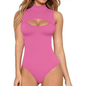image:imageMANGOPOP Womens Mock Neck Cutout Front Bodysuit Long Sleeve Sleeveless Turtle Neck Body Suits Sexy Tops04 Blush Sleeveless