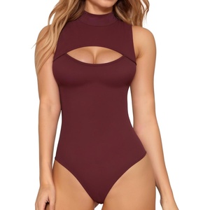image:imageMANGOPOP Womens Mock Neck Cutout Front Bodysuit Long Sleeve Sleeveless Turtle Neck Body Suits Sexy Tops04 Burgundy Sleeveless