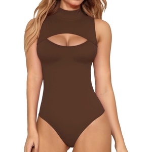 image:imageMANGOPOP Womens Mock Neck Cutout Front Bodysuit Long Sleeve Sleeveless Turtle Neck Body Suits Sexy Tops04 Coffee Sleeveless
