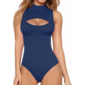 image:imageMANGOPOP Womens Mock Neck Cutout Front Bodysuit Long Sleeve Sleeveless Turtle Neck Body Suits Sexy Tops04 Deep Blue Sleeveless
