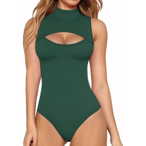 image:imageMANGOPOP Womens Mock Neck Cutout Front Bodysuit Long Sleeve Sleeveless Turtle Neck Body Suits Sexy Tops04 Deep Green Sleeveless