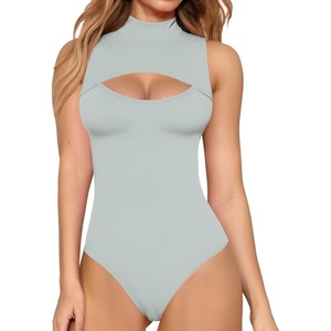 image:imageMANGOPOP Womens Mock Neck Cutout Front Bodysuit Long Sleeve Sleeveless Turtle Neck Body Suits Sexy Tops04 Elephant Grey Sleeveless