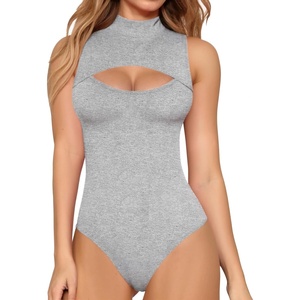 image:imageMANGOPOP Womens Mock Neck Cutout Front Bodysuit Long Sleeve Sleeveless Turtle Neck Body Suits Sexy Tops04 Light Heather Grey Sleeveless