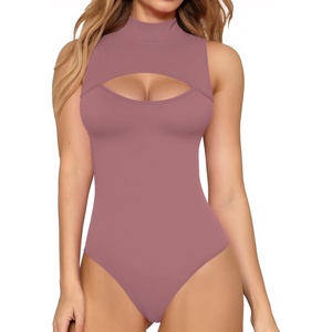 image:imageMANGOPOP Womens Mock Neck Cutout Front Bodysuit Long Sleeve Sleeveless Turtle Neck Body Suits Sexy Tops04 Marsala Sleeveless