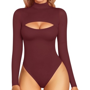 image:imageMANGOPOP Womens Mock Neck Cutout Front Bodysuit Long Sleeve Sleeveless Turtle Neck Body Suits Sexy Tops05 Burgundy Long Sleeve