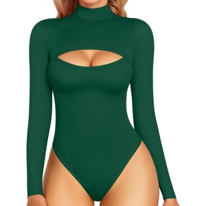 image:imageMANGOPOP Womens Mock Neck Cutout Front Bodysuit Long Sleeve Sleeveless Turtle Neck Body Suits Sexy Tops05 Deep Green Long Sleeve
