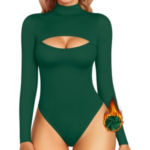 image:imageMANGOPOP Womens Mock Neck Cutout Front Bodysuit Long Sleeve Sleeveless Turtle Neck Body Suits Sexy TopsDeep Green Fleece Lined
