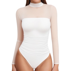 image:imageMANGOPOP Womens Mock Turtle Neck Bodysuit Mesh Ruched Short Long Sleeve Body Suit Sexy Sheer Trendy Going Out Outfits Tops02long Sleeve White