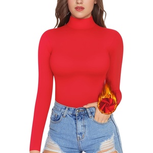 image:imageMANGOPOP Womens Mock Turtle Neck Fleece Lined Long Sleeve Thermal Underwear T Shirt Tops TeeRed