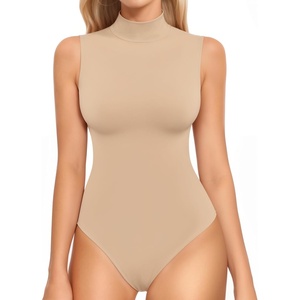 image:imageMANGOPOP Womens Mock Turtle Neck Long Sleeve Tops Bodysuit Jumpsuit02 Sleeveless Mica