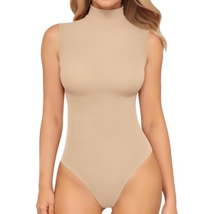 image:imageMANGOPOP Womens Mock Turtle Neck Long Sleeve Tops Bodysuit Jumpsuit03 Sleeveless Mica