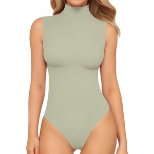 image:imageMANGOPOP Womens Mock Turtle Neck Long Sleeve Tops Bodysuit Jumpsuit03 Sleeveless Misty Jade